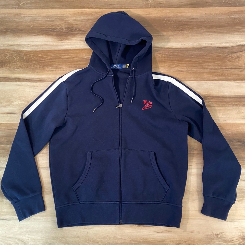 Polo Ralph Lauren Navy Blue Full Zip Hoodie Mens Medium P Wing Track Logo‎